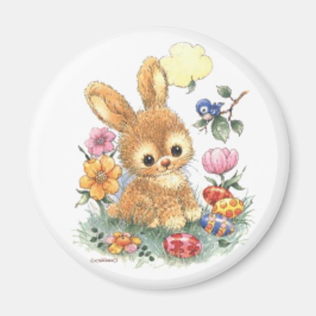 Cute Easter Bunny with Flowers and Eggs Magnet (Front)