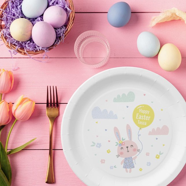 Cute Easter Bunny with flowers, clouds and balloon Paper Plate (Creator Uploaded)