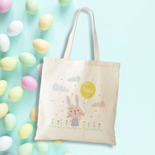 Cute Easter Bunny with flowers, clouds and balloon Tote Bag