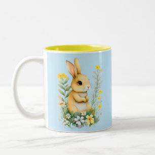 Cute Easter Bunny with Flowers & Monogram Two-Tone Coffee Mug