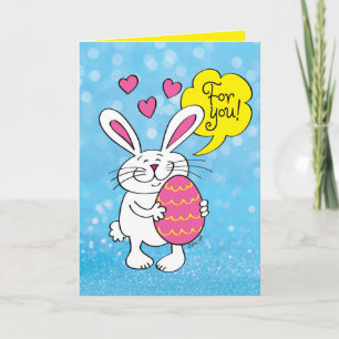 Cute Easter Bunny With Large Easter Egg Cartoon Card