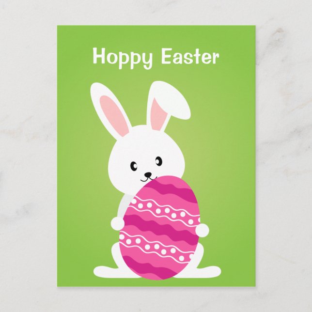 Cute Easter Bunny with Pink Easter Egg Holiday Postcard (Front)