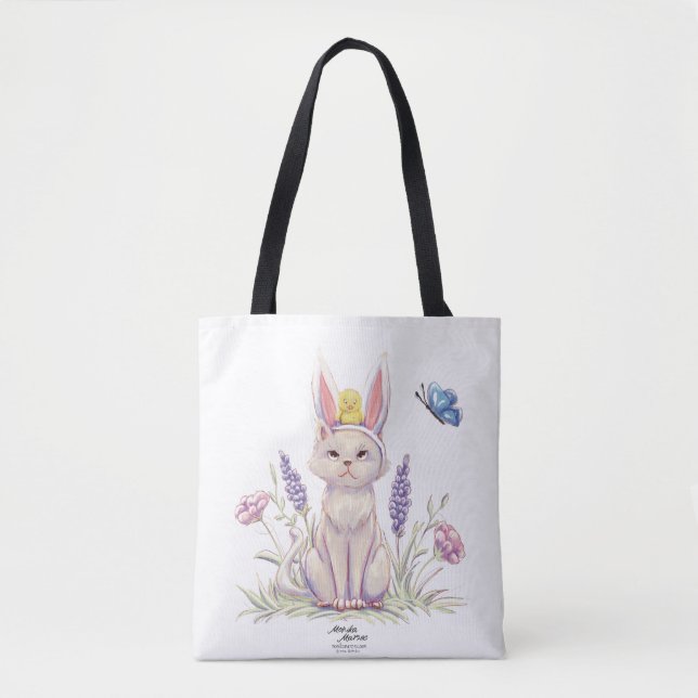 Cute Easter Cat with Chick Illustration Tote Bag (Front)