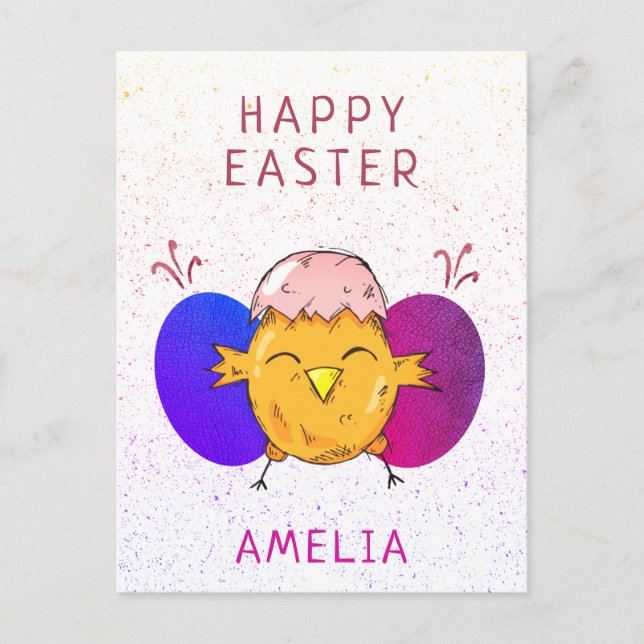 Cute Easter Chick and Eggs Happy Easter Holiday Postcard (Front)