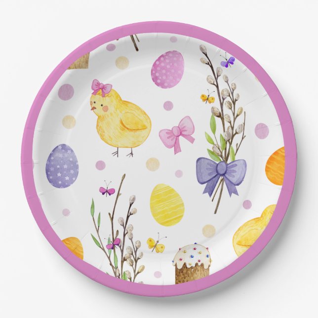 Cute Easter Chick & Eggs Pastel Paper Plate (Front)
