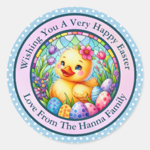 Cute Easter Chick, Flowers, and Colourful Eggs Classic Round Sticker
