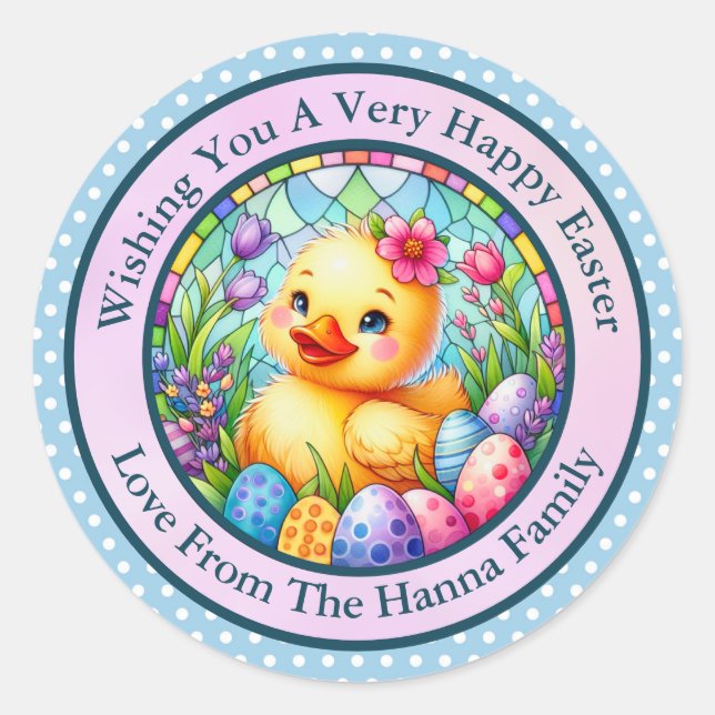 Cute Easter Chick, Flowers, and Colourful Eggs Classic Round Sticker (Front)
