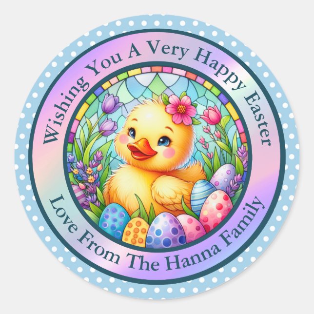 Cute Easter Chick, Flowers, and Colourful Eggs Classic Round Sticker (Front)