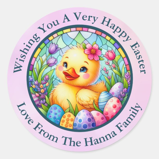 Cute Easter Chick, Flowers, and Colourful Eggs Classic Round Sticker (Front)