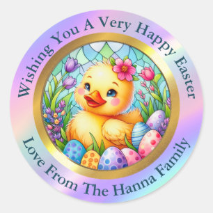 Cute Easter Chick, Flowers, and Colourful Eggs Classic Round Sticker
