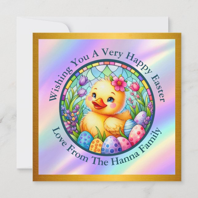 Cute Easter Chick, Flowers, and Colourful Eggs Invitation (Front)