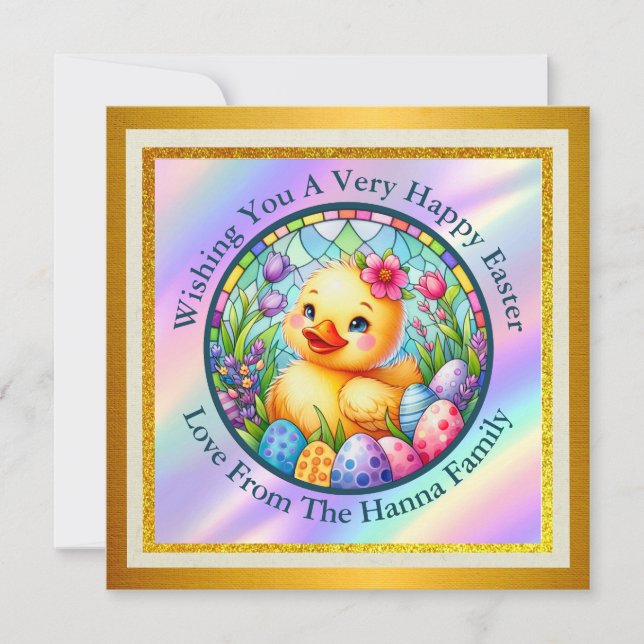 Cute Easter Chick, Flowers, and Colourful Eggs Invitation (Front)