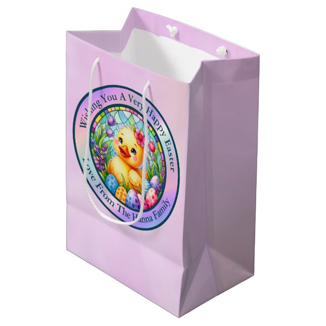 Cute Easter Chick, Flowers, and Colourful Eggs Medium Gift Bag (Front Angled)