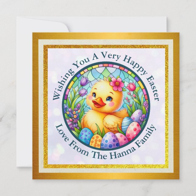 Cute Easter Chick, Flowers, and Colourful Eggs Save The Date (Front)