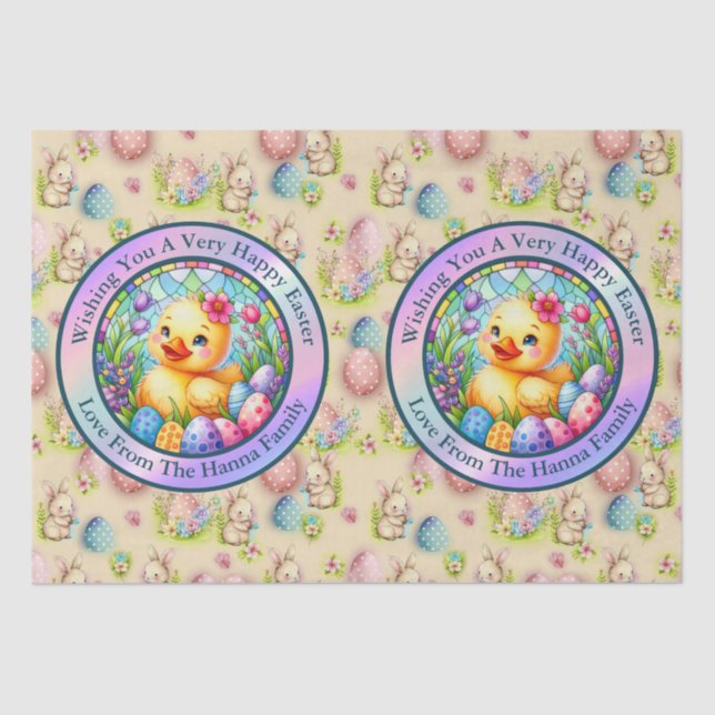 Cute Easter Chick, Flowers, and Colourful Eggs Tissue Paper (Front)