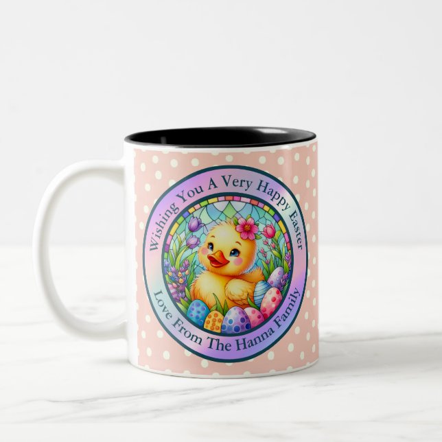 Cute Easter Chick, Flowers, and Colourful Eggs Two-Tone Coffee Mug (Left)