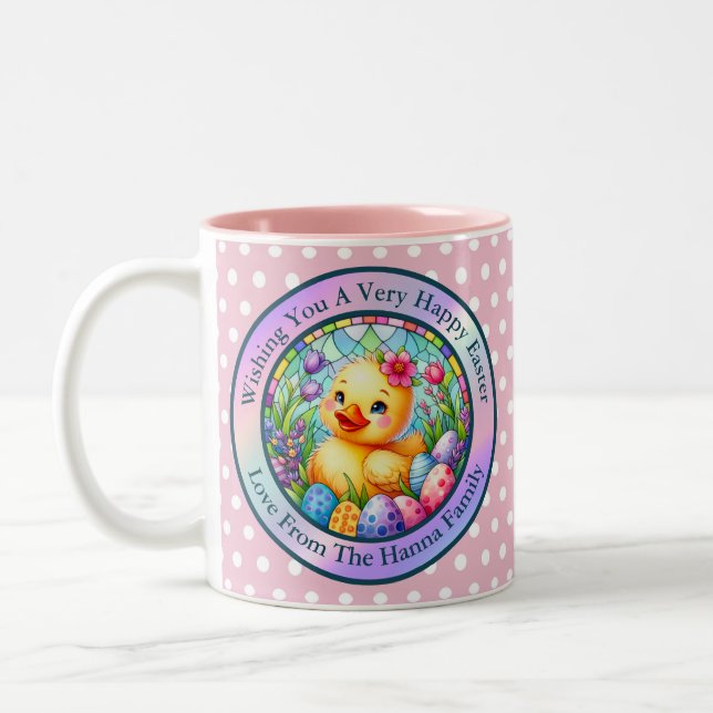 Cute Easter Chick, Flowers, and Colourful Eggs Two-Tone Coffee Mug (Left)