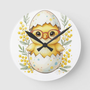 Cute Easter Chick Glasses Mimosa Bloom Round Clock