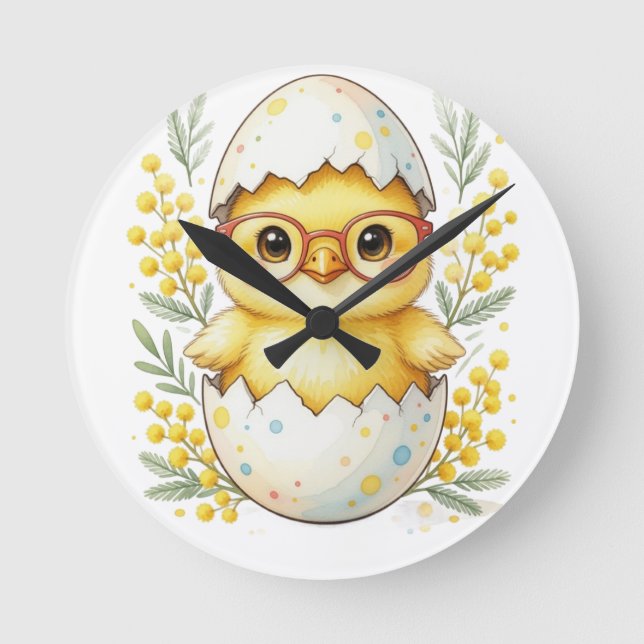 Cute Easter Chick Glasses Mimosa Bloom Round Clock (Front)
