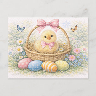 Cute Easter Chick in Basket Watercolor Postcard