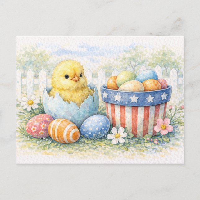 Cute Easter Chick in Egg Watercolor Postcard (Front)