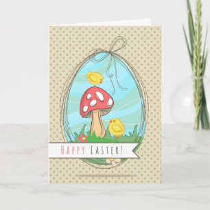 Cute Easter chick with mushroom Happy Easter Holiday Card
