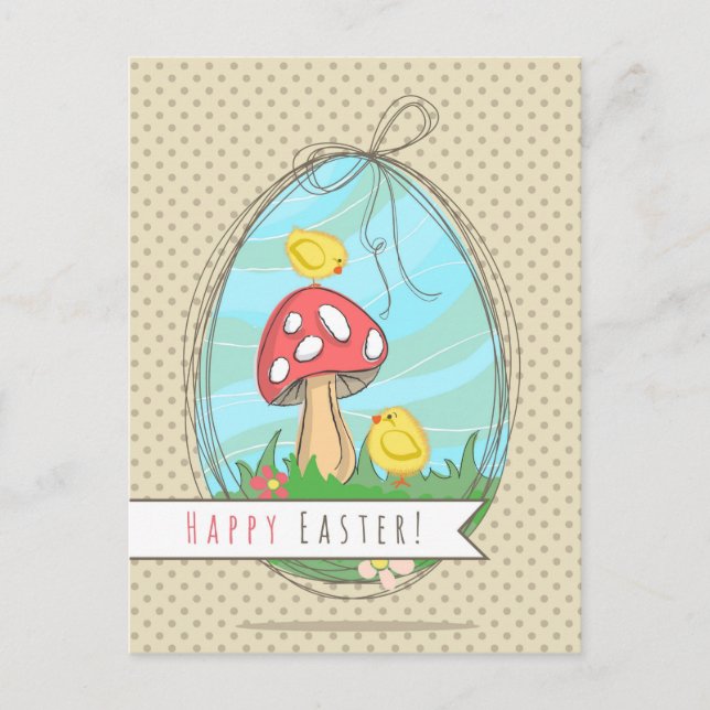 Cute Easter chick with mushroom Happy Easter Holiday Postcard (Front)