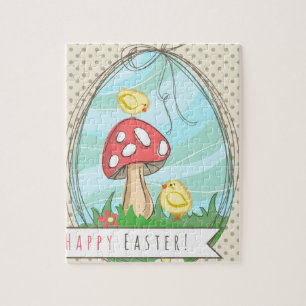 Cute Easter chick with mushroom Happy Easter Jigsaw Puzzle