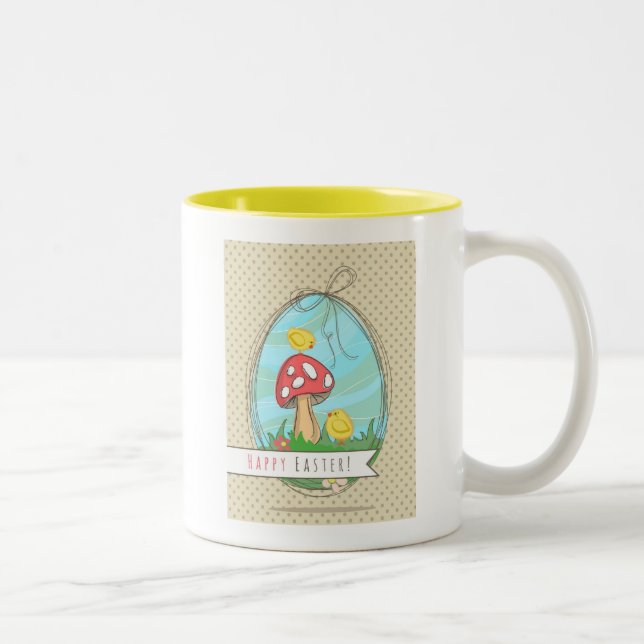 Cute Easter chick with mushroom Happy Easter Two-Tone Coffee Mug (Right)