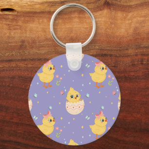 Cute Easter Chick with Pink Bow Seamless Pattern  Key Ring