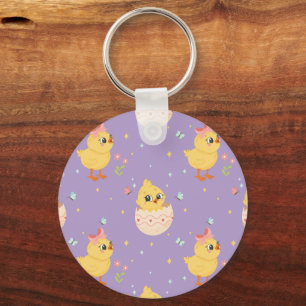 Cute Easter Chick with Pink Bow Seamless Pattern  Key Ring