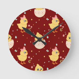 Cute Easter Chick with Pink Bow Seamless Pattern  Round Clock