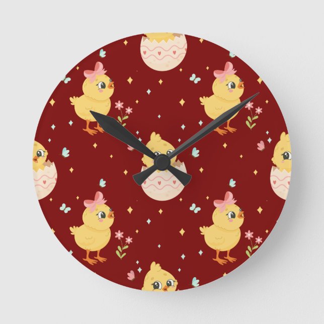 Cute Easter Chick with Pink Bow Seamless Pattern  Round Clock (Front)
