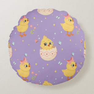 Cute Easter Chick with Pink Bow Seamless Pattern Round Cushion