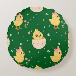Cute Easter Chick with Pink Bow Seamless Pattern Round Cushion