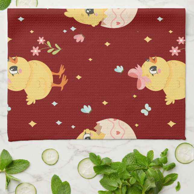 Cute Easter Chick with Pink Bow Seamless Pattern  Tea Towel (Folded)