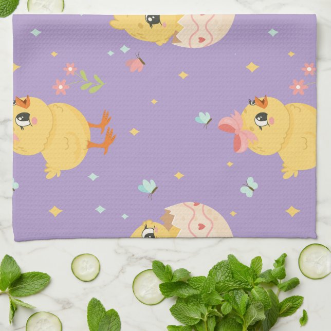 Cute Easter Chick with Pink Bow Seamless Pattern  Tea Towel (Folded)