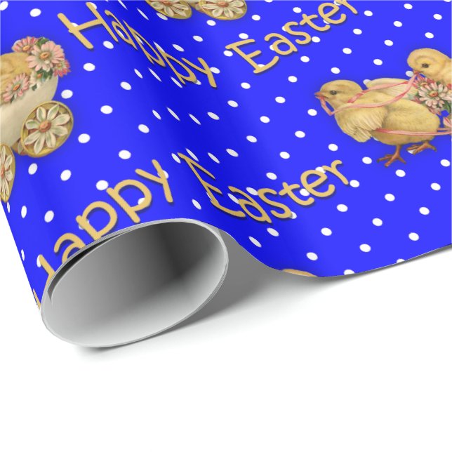 Cute Easter Chicks Blue Polka Dot Easter Wrapping Paper (Roll Corner)