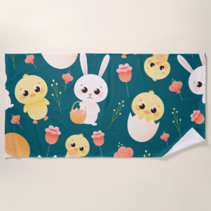 Cute Easter Chicks & Bunnies Seamless Pattern Beach Towel