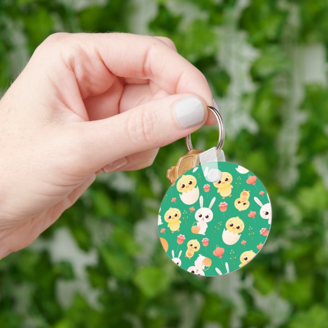Cute Easter Chicks & Bunnies Seamless Pattern  Key Ring (Hand)