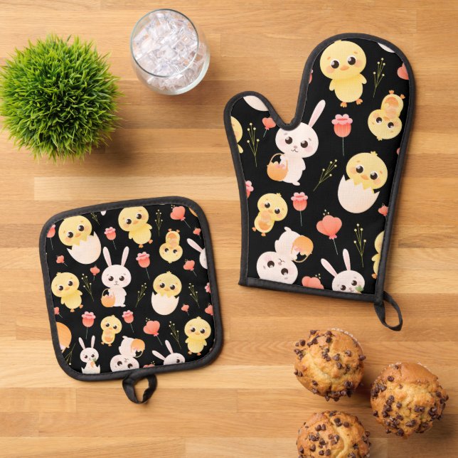 Cute Easter Chicks & Bunnies Seamless Pattern  Oven Mitt & Pot Holder Set (Top Down)