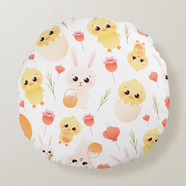 Cute Easter Chicks & Bunnies Seamless Pattern  Round Cushion (Front)