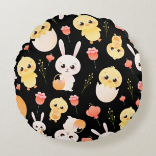 Cute Easter Chicks & Bunnies Seamless Pattern Round Cushion