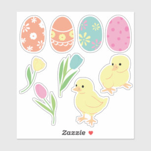 Cute Easter Chicks, Decorated Eggs and Tulips