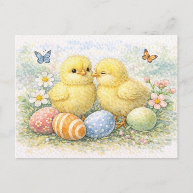 Cute Easter Chicks Watercolor Postcard (Front)