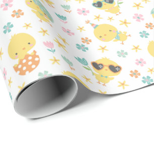 Cute Easter chicks with flowers and eggs Wrapping Paper