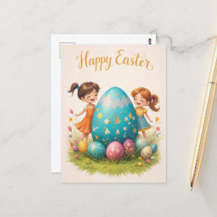 Cute Easter Children and Colourful Egg Greeting  Postcard