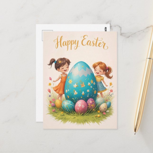 Cute Easter Children and Colourful Egg Greeting  Postcard (Front/Back In Situ)