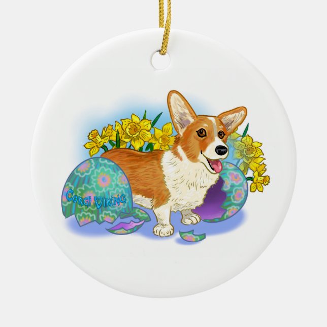 Cute Easter Corgi Ceramic Tree Decoration (Front)