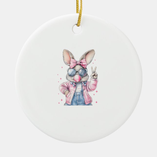 Cute Easter Day Bunny Blowing Bubble Rabbit Women  Ceramic Tree Decoration (Front)